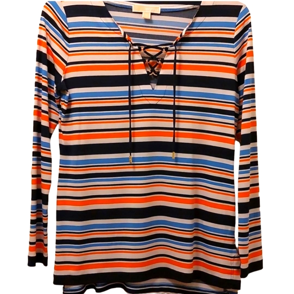 Michael Kors Striped Long Sleeved Blouse Top M Laced up front EUC Orange Blue